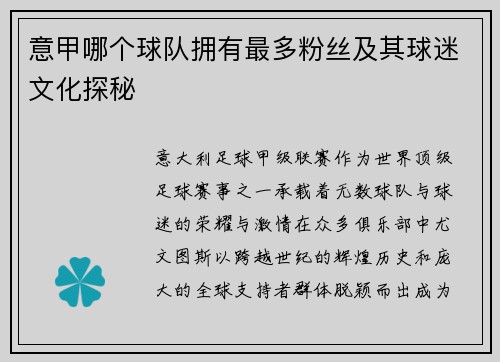 意甲哪个球队拥有最多粉丝及其球迷文化探秘